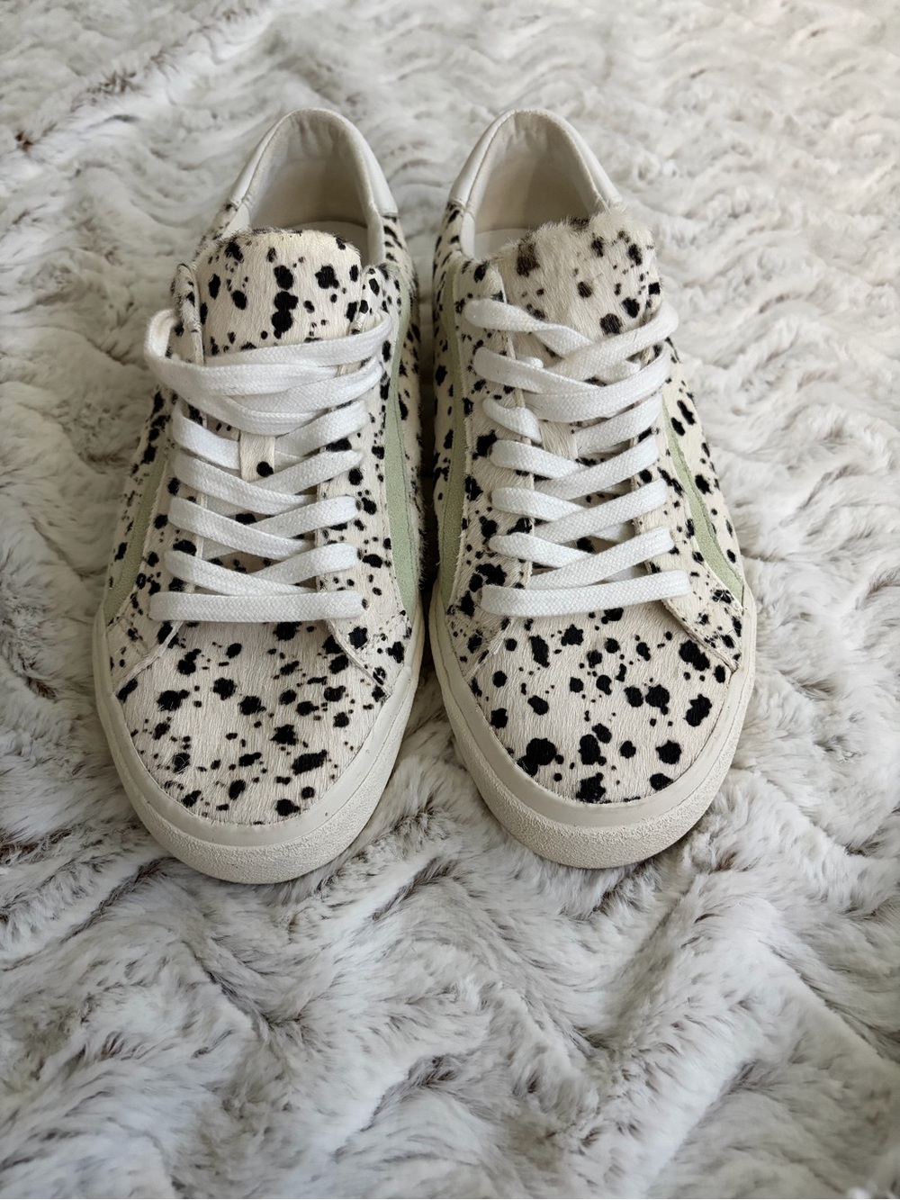 Women’s Cowhide Spot Lace-Up Sneakers with Subtle Green Accent